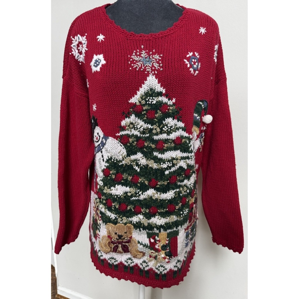 Vtg Christmas Holiday Pullover Sweater L Cottagecore Grandmacore Tree Red